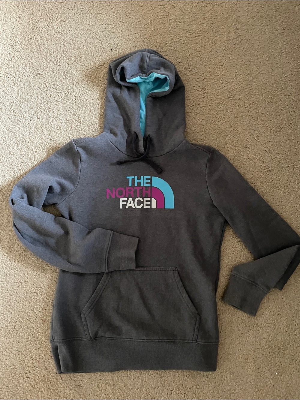 The North Face Women's Charcoal Hoodie with Teal & Magenta Logo